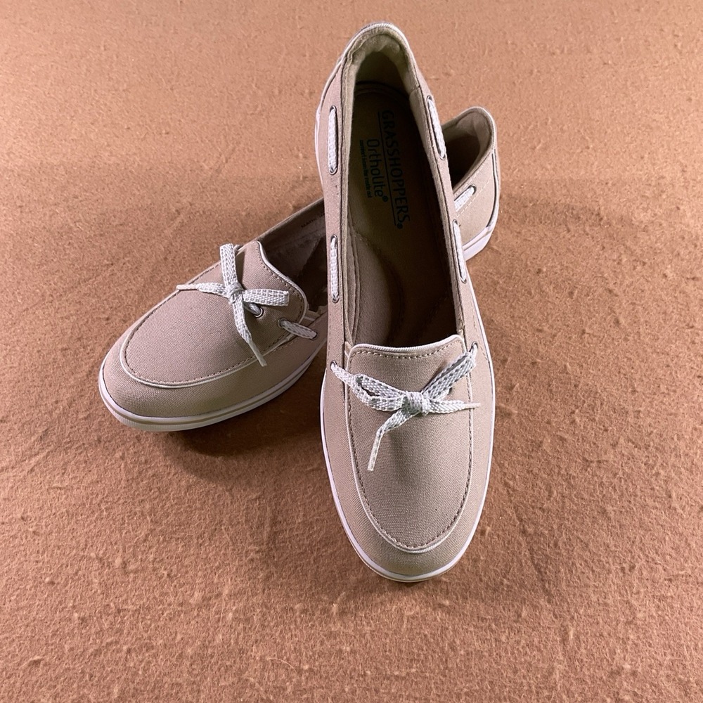 Grasshoppers Ortholite Tan Canvas Boat Shoes Womens 8M EF52818 Slip On Loafers